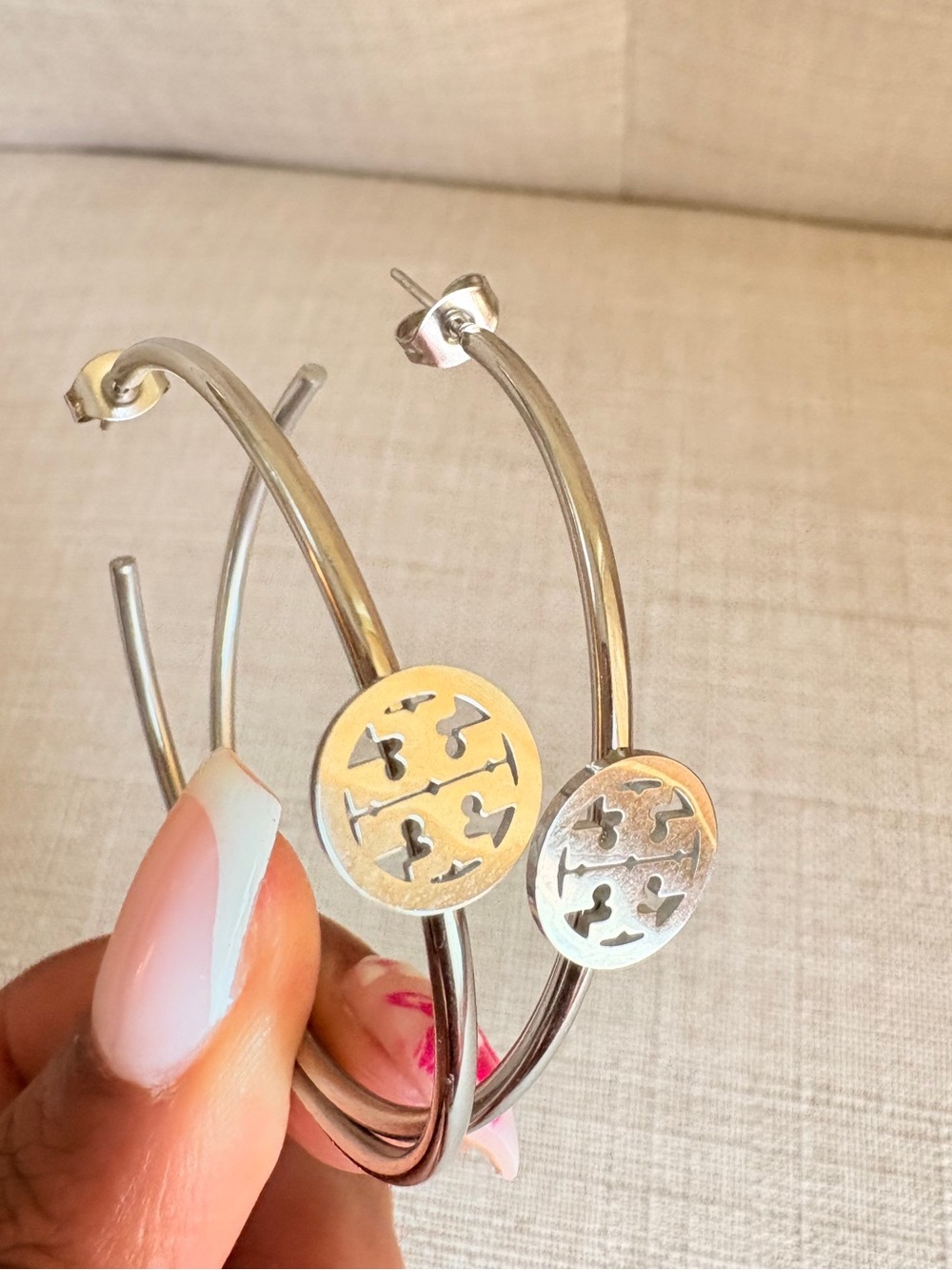 Tory Burch Silver-Tone Logo Hoop Earrings- NEW! - Picture 3 of 5